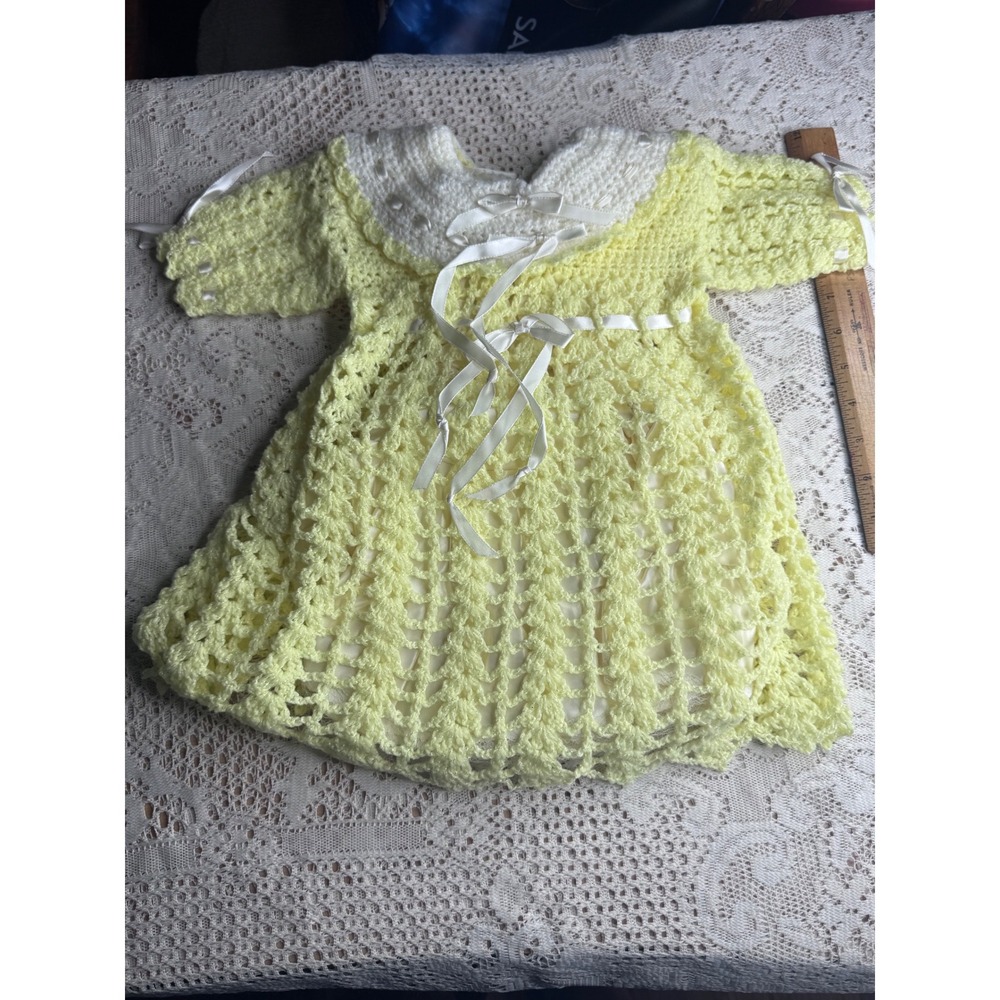 Handmade Vintage Crochet Baby Dress Yellow White Ribbon Satin Slip Set  3-6m